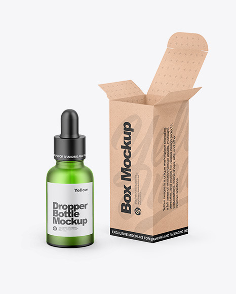 Kraft Box W/ Green Dropper Bottle Mockup