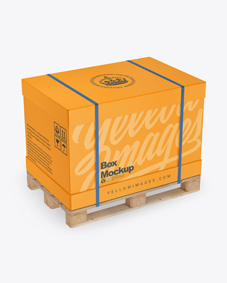 Download Wooden Pallet With Carton Box Mockup Half Side View In Box Mockups On Yellow Images Object Mockups