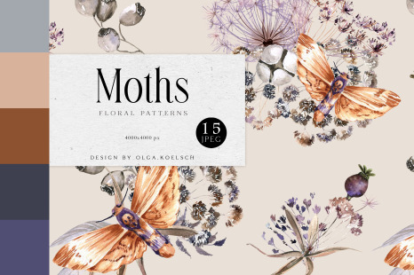 Moths watercolor digital paper, Boho flowers seamless pattern with dried florals and butterflies for