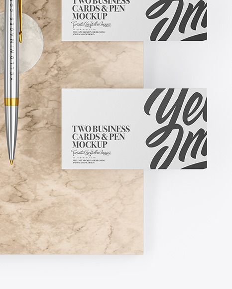 Two Business Cards Pen with Marble Mockup PSD #2