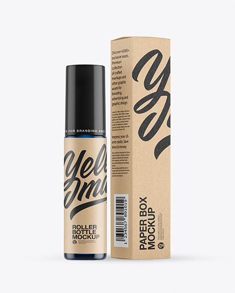 Blue Glass Roller Bottle with Kraft Box Mockup PSD #2