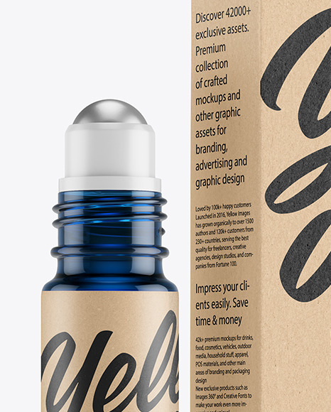 Download Blue Glass Roller Bottle With Kraft Box Mockup In Bottle Mockups On Yellow Images Object Mockups