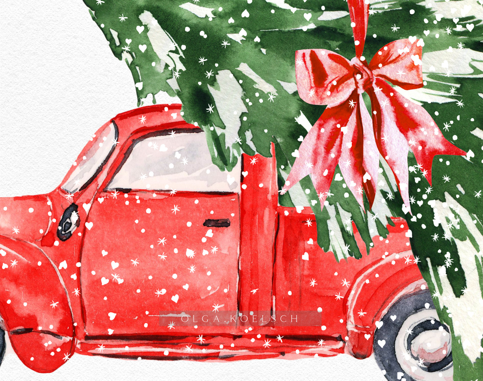 Watercolor red christmas truck clipart, Hand drawn vintage red truck