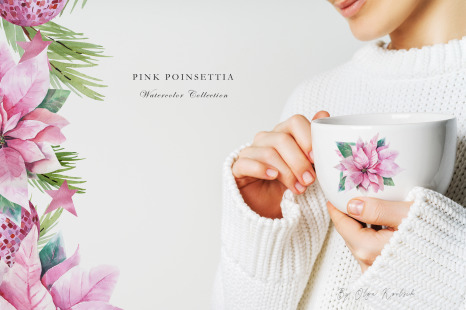 Watercolor Pink poinsettia and eucalyptus clipart, Pink Christmas decoration for digital scrapbookin