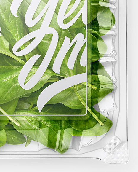 Transparent Plastic Container with Green Spinach Leaves Mockup   Top View PSD #5
