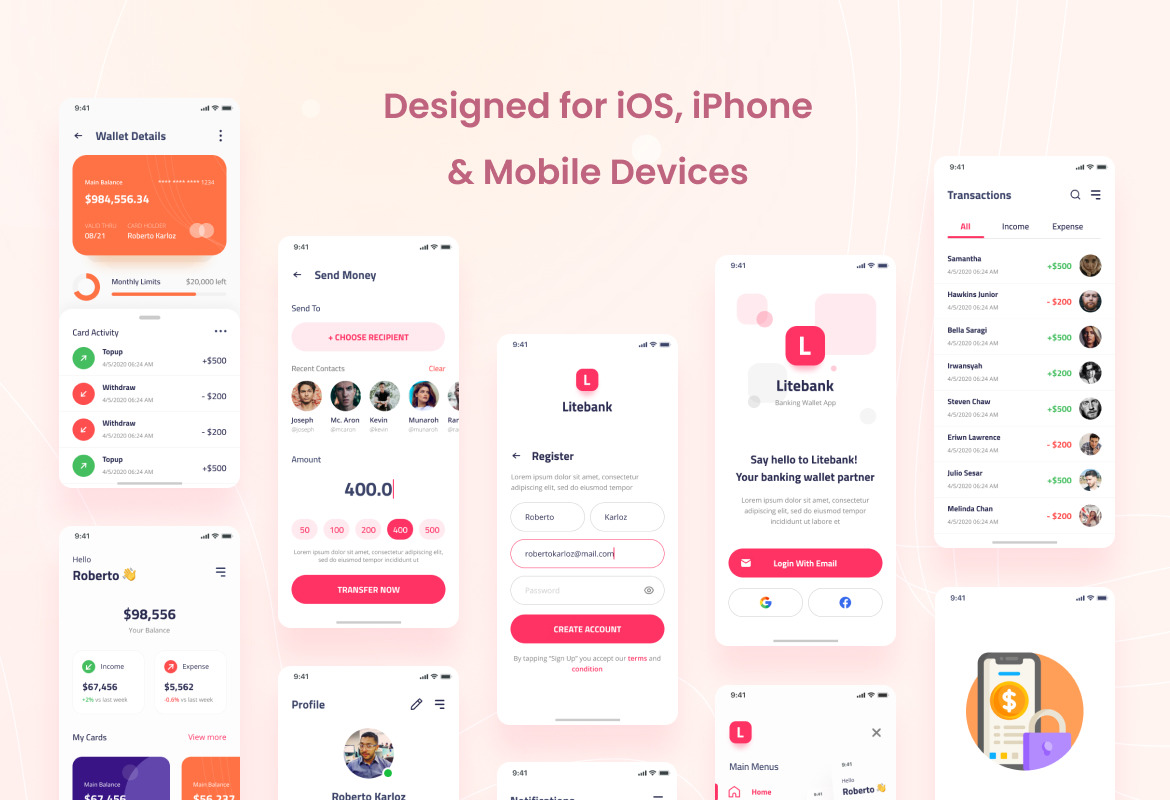 Litebank - Banking Wallet iOS App Design UI on Yellow Images Creative Store