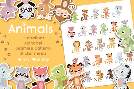 Animal illustration set. Cute animal prints. Animal alphabet, patterns and stickers