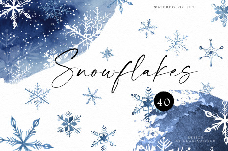 Snowfalkes clipart, Watercolor winter holiday clipart, hand drawn navy blue snowflakes for planner o