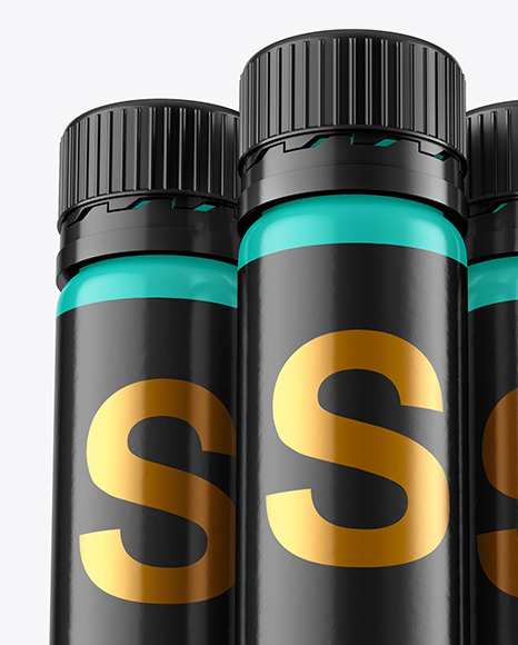 Three 25ml Glossy Sport Nutrition Bottles Mockup PSD #1