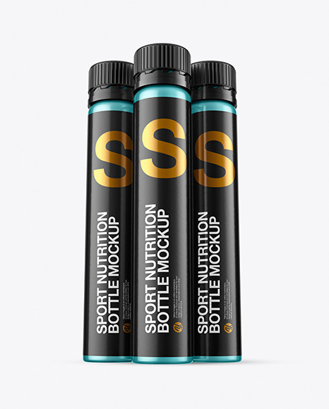 Three 25ml Metallic Sport Nutrition Bottles Mockup