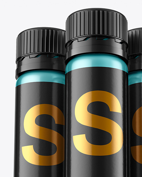 Three 25ml Metallic Sport Nutrition Bottles Mockup PSD #1