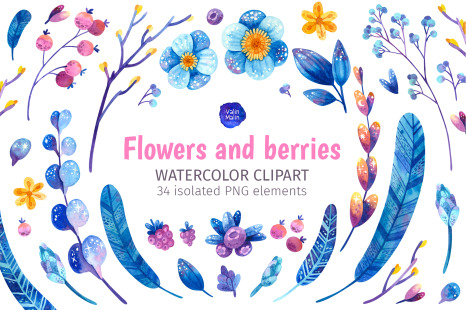 Botanical clipart with boho berry, feathers, flowers. Digital stickers for winter wedding decor