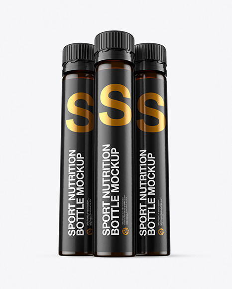 Download Three 25ml Dark Amber Sport Nutrition Bottles Mockup In Bottle Mockups On Yellow Images Object Mockups