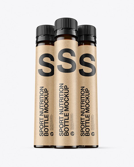 Three 25ml Dark Amber Sport Nutrition Bottles Mockup PSD #2