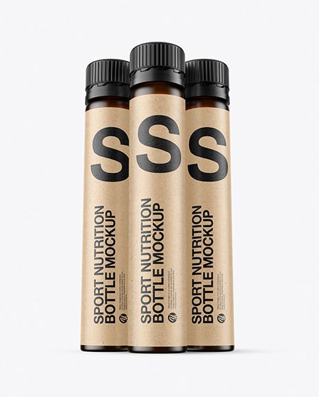 Three 25ml Dark Amber Frosted Sport Nutrition Bottles Mockup PSD #2