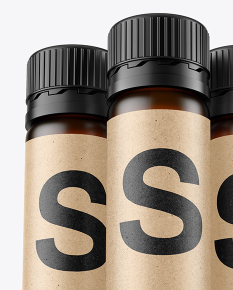 Three 25ml Dark Amber Frosted Sport Nutrition Bottles Mockup PSD #7