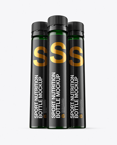 Three 25ml Green Sport Nutrition Bottles Mockup
