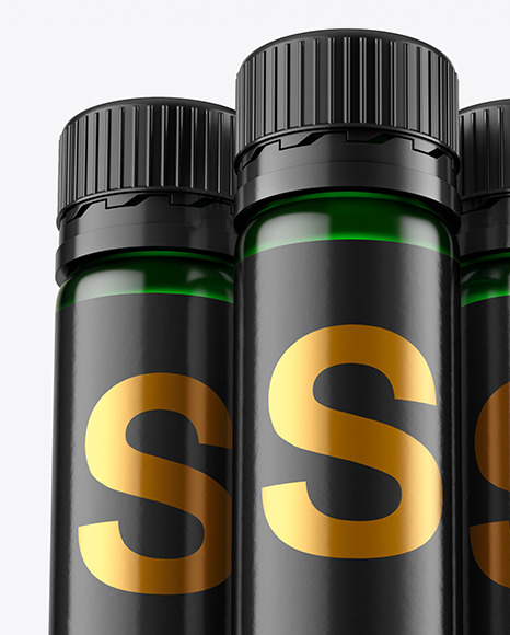 Three 25ml Green Sport Nutrition Bottles Mockup PSD #1