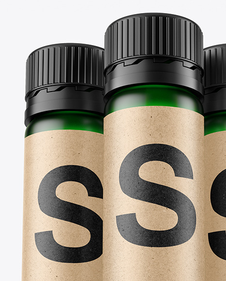Three 25ml Green Frosted Sport Nutrition Bottles Mockup PSD #7