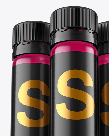 Download Three 25ml Color Sport Nutrition Bottles Mockup in Bottle Mockups on Yellow Images Object Mockups