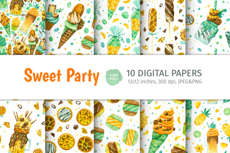 Watercolor seamless patterns. Sweets clipart, Candy clipart, Ice cream clipart, Cupcakes clipart