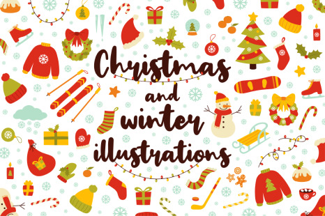 Christmas and winter illustration set. Holiday greeting card designs