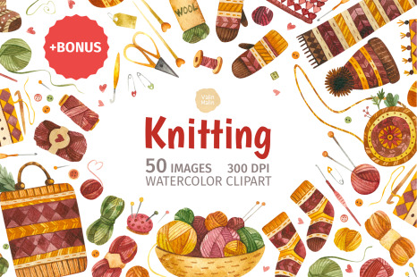 Watercolor knitting and crochet clipart.  Knitwear clipart for knitter branding, planner stickers.