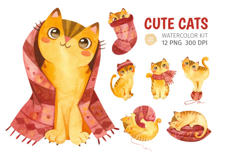 Christmas cute cats. Watercolor winter clipart for Christmas card, Christmas planner stickers